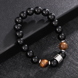 Bracciale da uomo in perle di occhio di tigre e ossidiana con dettaglio in metallo argento