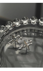 Detailed close-up of silver star stud earrings with zircon inlay in a glass dish