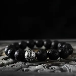 Vintage Natural Lava Stone Beaded Bracelet With Scale Pattern Metal Bead Minimalist Unisex Retro Style Wrist Jewelry Accessory