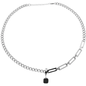 Collana minimalista in acciaio al titanio argento con maglia cubana e ciondolo nero
