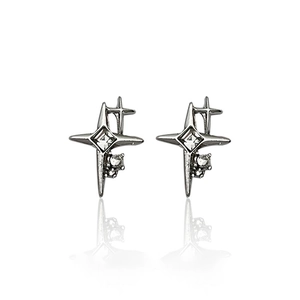 Detailed view of silver starburst cross earrings with square zircon stone inlay