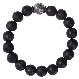 Vintage lava stone beaded bracelet featuring a unique silver textured scale accent bead