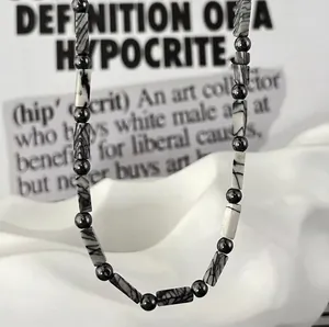 Unisex Vintage Marble Texture Beaded Necklace Hip Hop Geometric Stone Pendant Clavicle Chain Alloy Polished Jewelry For Men Women