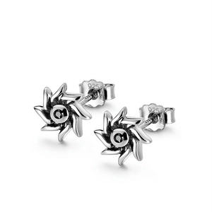 S925 sterling silver sunburst stud earrings with black zircon and vintage oxidized finish