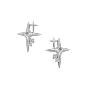 Star-shaped silver stud earrings with cross-cut zircon stones on a white background