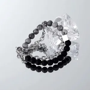 Natural Obsidian Titanium Steel Double Layer Bracelet For Men Industrial Style Geometric Beaded Chain Jewelry Accessory