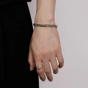 Two-tone titanium steel Cuban chain bracelet and spike ring for men with industrial design