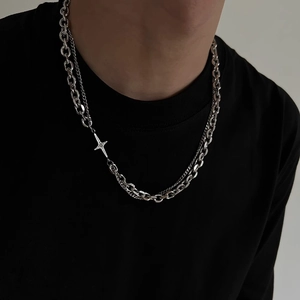 Gros plan d'un collier homme double épaisseur en argent avec pendentif étoile et croix