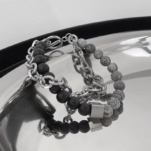 Double-layered natural stone bracelet with matte black beads and silver OT-buckle chain