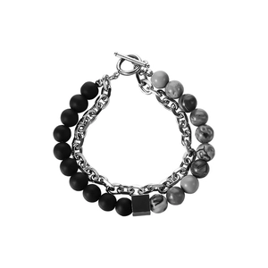 Double-layer natural stone bracelet with black obsidian beads and silver metal chain