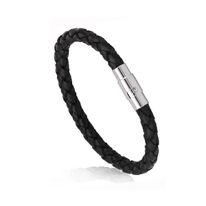 Close-up of black braided leather bracelet with a polished silver magnetic clasp