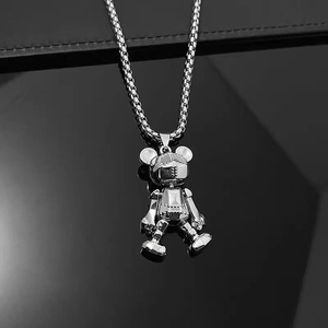 Mechanical Bear Necklace Punk Hip Hop Titanium Steel Pendant Movable Joint Robot Bear Silver Necklace For Unisex Trendy Jewelry Gift