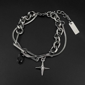Vintage Titanstahl Sternig Schwarz Strass Armband Herren Doppel Kette Verstellbar Punk Hip Hop Schmuck Geschenk