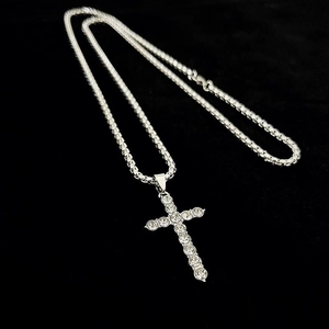 Silver iced out cross pendant necklace with box chain for men in hip hop style