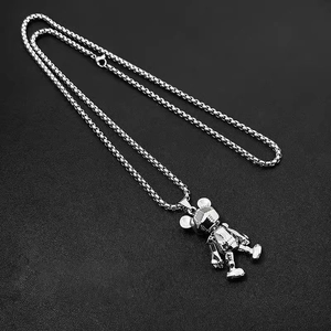 Articulated mechanical teddy bear necklace in silver titanium steel with box chain