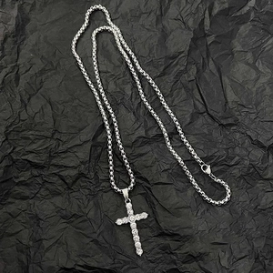 Hip hop silver tone cross pendant necklace with clear crystals and round link chain