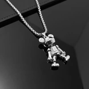 Punk hip hop style movable limb bear pendant necklace with silver corn chain