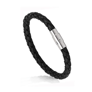 Classic braided black leather bracelet for men with a polished silver magnetic clasp