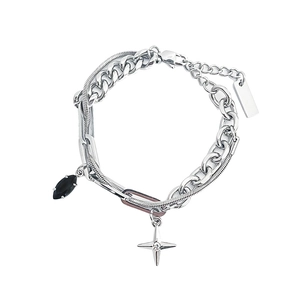 Mehrlagiges Titanstahl-Armband mit schwarzem Edelstein und Stern-Anhänger in Silber