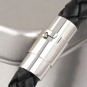 Braided black leather bracelet for men featuring a polished silver magnetic metal clasp