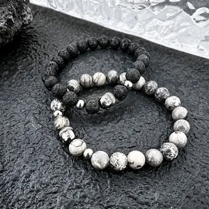 Retro Herren Vulkanischer Lavastein Perlenarmband Metall Buddhakopf Map Stone Perlen Elastisch Verstellbar Schmuck