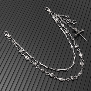 Punk multilayer silver metal pant chain with skull bone links and a cross pendant charm