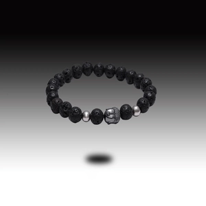 Vulkanstein Armband für Herren mit silbernen Akzenten und geschnitztem Buddha-Kopf