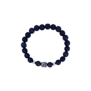 Lavastein-Armband mit Buddha-Kopf und silbernen Akzenten auf weißem Hintergrund