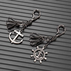 Vintage punk anchor and ship wheel keychains with skull-embossed hooks in antique silver