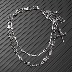 Multi-layer silver punk skull waist chain with skeleton charms and cross pendant