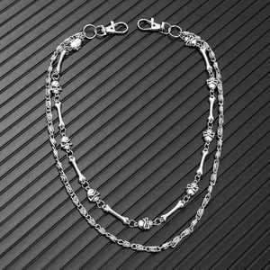 Dual-layer silver skull trousers chain with gothic punk metal links and lobster clasps