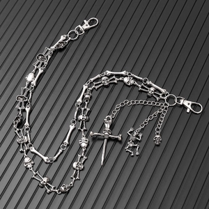 Gothic skull waist chain with cross pendant and vintage silver metal lobster clasps