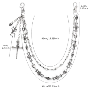 Punk silver multi-layer skull and cross trousers chain with lobster clasps for hip-hop style
