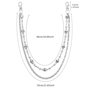 Punk double layer silver waist chain with skull charms and lobster clasps for jeans