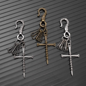 Punk gothic skull cross keychain pendant set for jeans in silver and bronze finishes