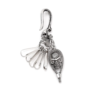 Vintage silver skull keychain with multi-functional hooks and zipper style skeleton pendant