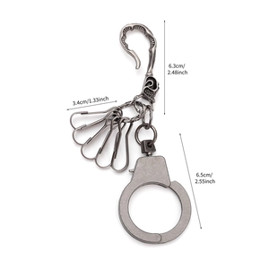 Vintage hip hop style handcuff keychain with beast head hook and spring clips for jeans