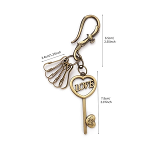 Retro punk style keychain with heart key and eagle relief hook dimensions included