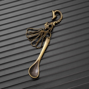 Hip-hop style brass spoon pendant keychain with engraved hook and vintage metal finish