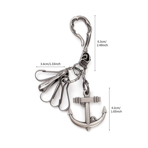 Vintage punk anchor and skull keychain with multi-hooks in aged silver metal finish