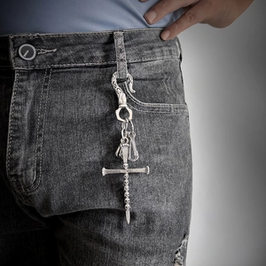 Retro punk silver skull cross keychain pendant accessory for jeans and belts