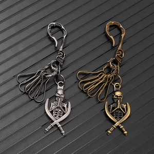 Detail of vintage skull keychains in antique silver and bronze punk hip-hop style
