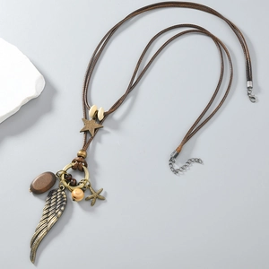 Vintage multi-layer feather pendant necklace with wooden beads and bronze charms