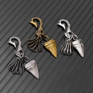 Vintage shark tooth pendant keychain with hook clasps in bronze, silver, and antique silver