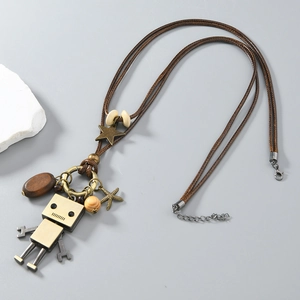 Retro bronze robot pendant necklace with movable limbs and brown braided rope chain