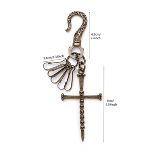 Vintage punk skull cross keychain in bronze metal with five split rings for jeans and bags