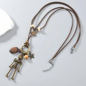 Retro punk robot pendant necklace with brown braided cord and vintage bronze charms