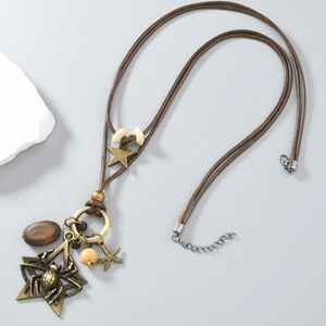 Retro spider pendant long necklace with bronze star and wooden beads on woven cord
