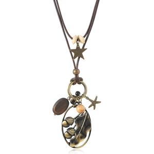 Collier Pendentif en Alliage Style Forêt Vintage Fait à la Main Cordon Ciré Bohème Perle en Bois Feuille Gland Étoile Collier Pull Long