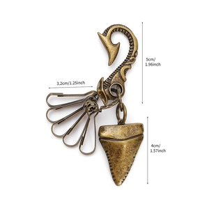 Retro shark tooth keychain with fish hook clasp and size dimensions for punk accessories